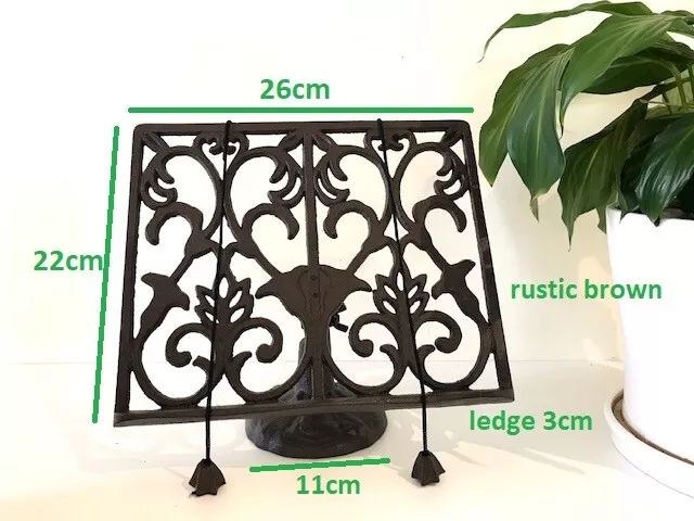 Cast Iron Cook Book Stand Kitchen Recipe Holder Scrolls Rustic Brown Color