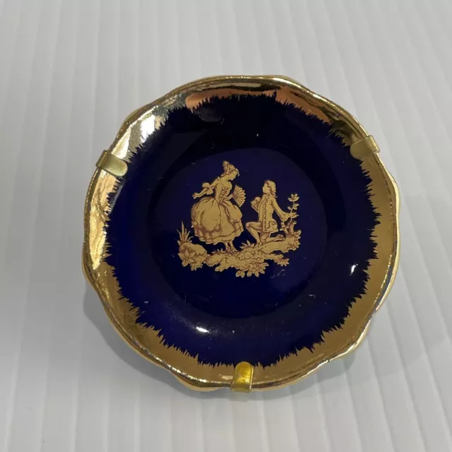 Miniature Limoges Display Plate - Navy & Gold 5.2cm With Attached Stand