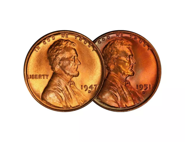 1947 D & 1951 D Lincoln Wheat Cent Choice BU 1c Brilliant Uncirculated - 2 Set