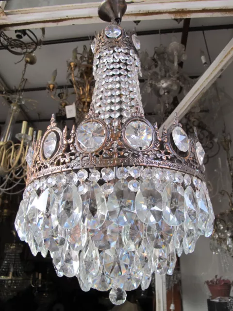 Antique French Big Bohemia Crystal Chandelier Ceiling Lamp 1940's 14" Diameter _