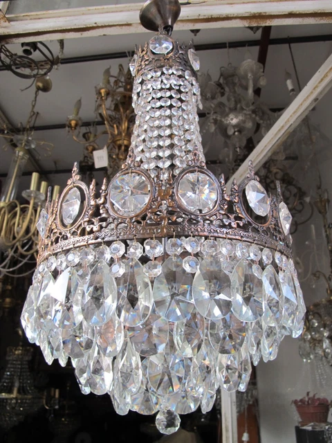 Antique French Big Bohemia Crystal Chandelier Ceiling Lamp 1940's 14" Diameter _ Antique French Big Bohemia Crystal Chandelier Ceiling Lamp 1940's 14" Diameter _