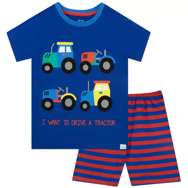 Tractor Short Pyjamas Kids Boys 18 24 Months 2 3 4 5 6 7 Years PJs Shorts Blue