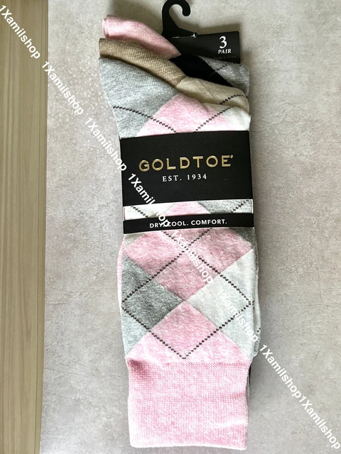 Gold Toe Men's Carlyle Argyle Cotton Crew Dress Socks 3 Pairs Pink Beige Navy 