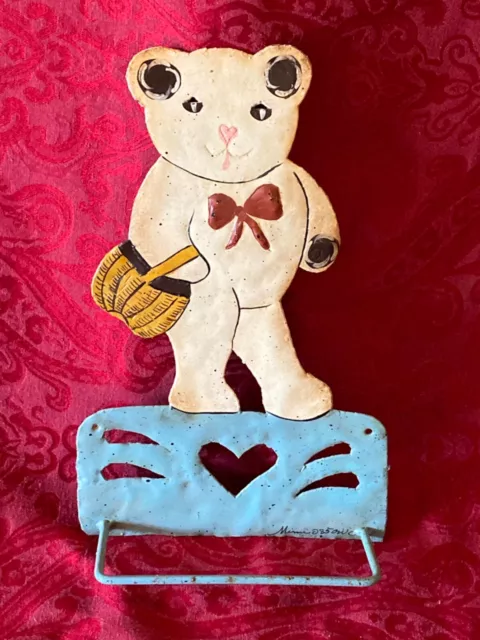 Antique Primitive Enameled metal Bear Towel Rack signed Mimi Wall hanging