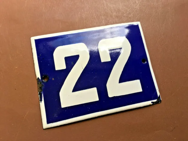 ANTIQUE VINTAGE FRENCH ENAMEL SIGN HOUSE NUMBER 22 DOOR GATE SIGN BLUE 1950's