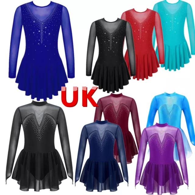 UK Kids Girls Long Sleeve Ice Figure Skating Dress Long Sleeve Rhinestone  Dress