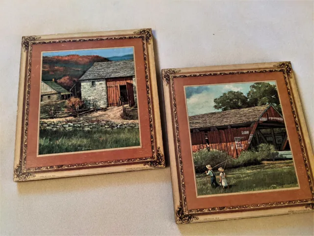 Eric Sloane LItho Prints Covered Bridge Old Stone Barn Log Cabin Farmhouse Set 2