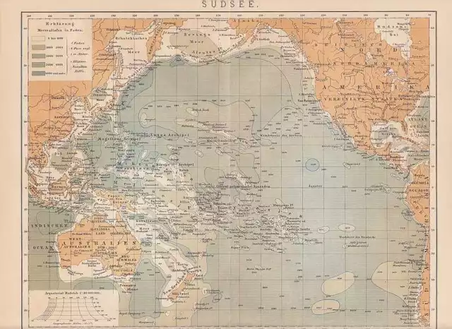 Stiller Ozean Pazifik Südsee LANDKARTE v. 1886 Melanesien Mikronesien Polynesien