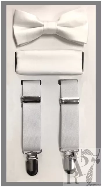 White NEW Boy's Clip Suspender Bow tie & Pocket Square Handkerchief 3 pieces set
