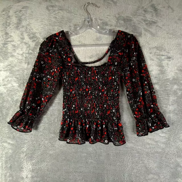 Topshop Womens Crop Top Black Floral 3/4 Sleeve Smocked Ruffles Blouse 4 New