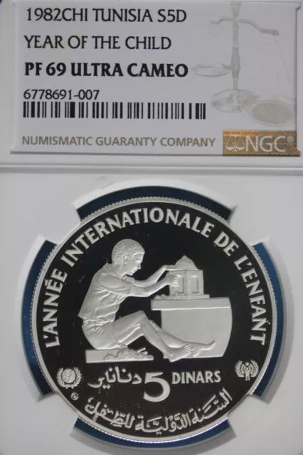 1982 PF 69 Tunisia Year Of The Child 5 Dinar NGC Graded Certified Slab OCE 747