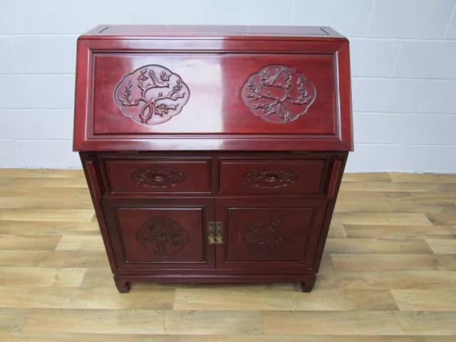 Lovely Chinese - Oriental Cherry Hard Wood Carved Birds Secretary Bureau Cabinet 2