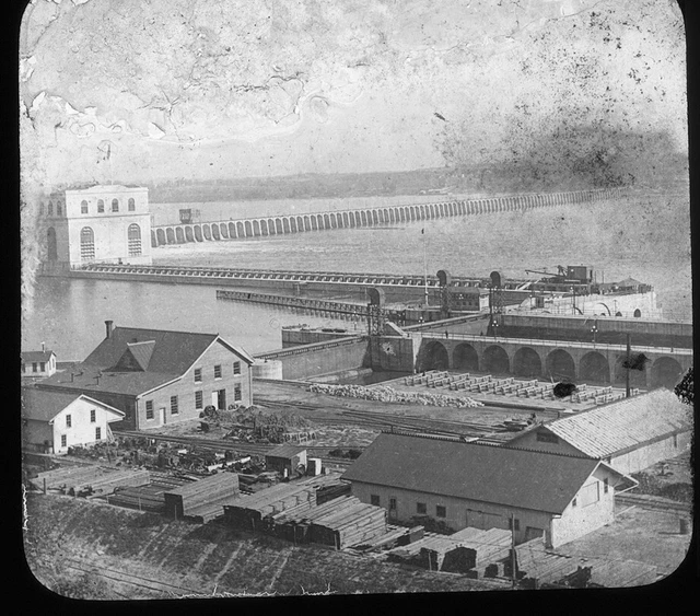 c1900 Great Power Dam Keokuk Iowa Ariel View Magic Lantern Glass Slide