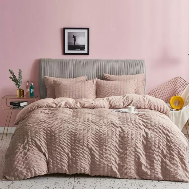 Pink Seersucker Quilt Doona Duvet Cover Set Queen/King/Super King Size Bed Linen