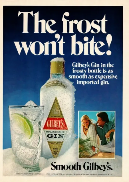 1976 Gilbey's Distilled London Dry Gin "The Frost Won't Bite!" Frosty Print Ad