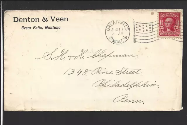 Great Falls, Montana 1906 Cover  Flag Cl. Advt. Denton &Veen. Cascade 1884/Op.