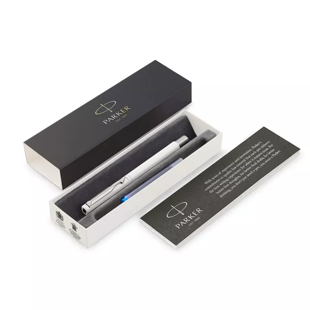 Parker Vector Fountain Pen, Standard White with Chrome Trim, Fine Nib, Blue Ink