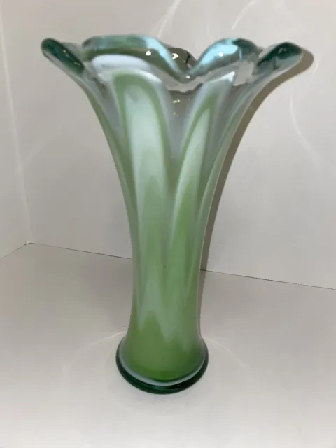 Vintage Hand Blown Studio Art  Ruffled Press Glass Vase Cased Green White Clear