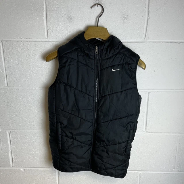 Nike Gilet Youth Large Black Sleeveless Puffer Jacket Vest Zip Up Hooded Coat