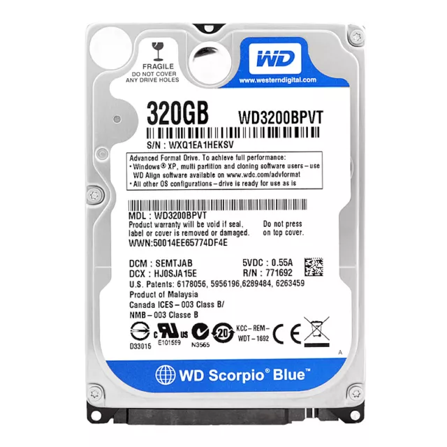 Disque Dur WD 320Gb WD3200BPVT 8Mb Cachette 5400 RPM SATA II 2,5 " Pouces Bleu