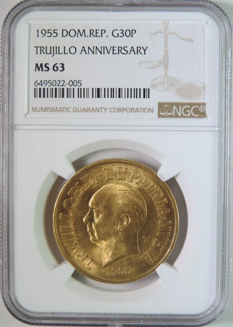 1955 Dominican Republic Trujillo Anniversary Gold 30 Pesos Coin NGC MS63 BU Unc