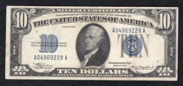 1934 $10 Ten Dollars Silver Certificate Currency Note Vf/Xf
