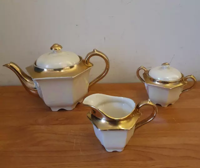 Sadler 1800 Large Teapot, Milk Jug & Sugar Bowl, Irridescent White, Gold Lustre