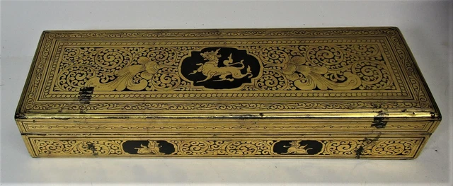 Fine 14" BURMESE Gilt & Black Lacquer Glove Box  c. 1930  Hand-Painted Antique