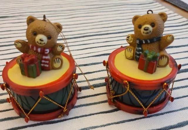 Vintage  Christmas Ornaments Teddy Bear on Drum  - Set of 2