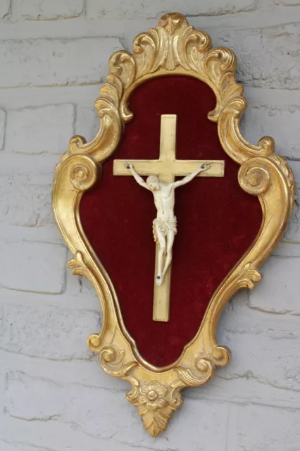 Antique wood carved plaque corpus christ crucifix on velvet panel religious