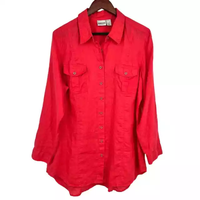 Chicos Sz 3 XL 14/16 100% LINEN Coral Red Long Sleeve Blouse Shirt Top Tropical