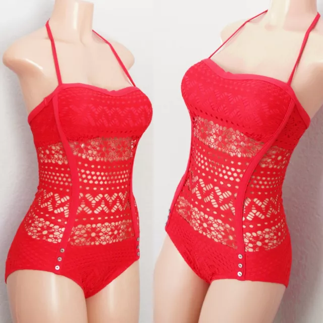 Robin Piccone Penelope Crochet See Thru One-Piece Swimsuit Coral Red Size 6 $138
