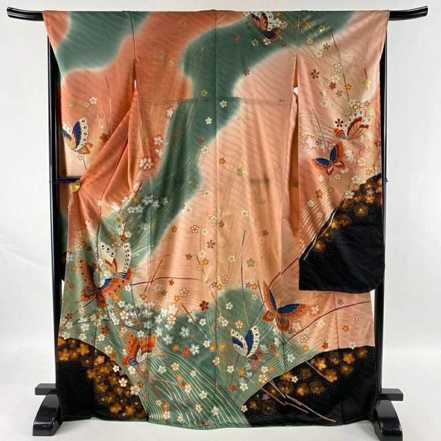 Japanese Kimono Furisode Pure Silk Butterfly Cherry Blossom Lame Gold Paint
