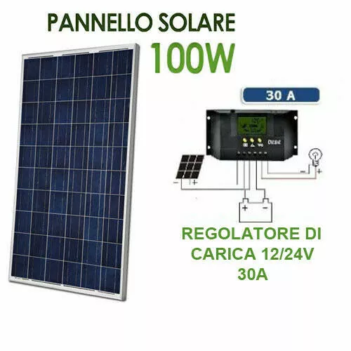 Kit 100W Pannello Energia Solare Fotovoltaico Regolatore Carica 30A Camper Casa