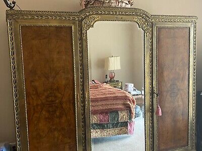 Antique Louis VI Style French Brass and Burl Walnut mirrored Wardrobe / Armoire 2