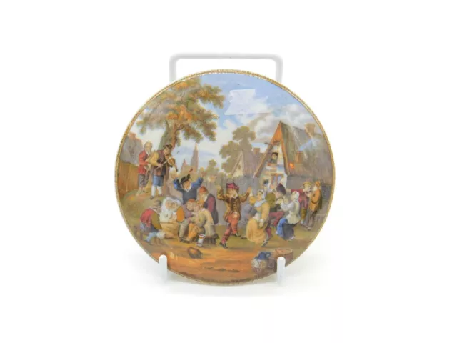 Victorian Glazed Ceramic Pot Lid with Drunken Dancing Scene Antique c1880