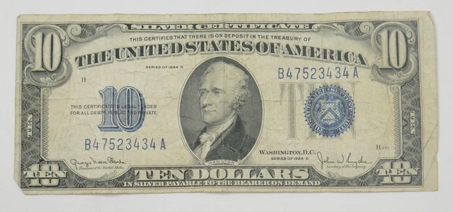 1934 D US Mint $10 Dollar Blue Seal Silver Certificate Paper Note ~ 434A