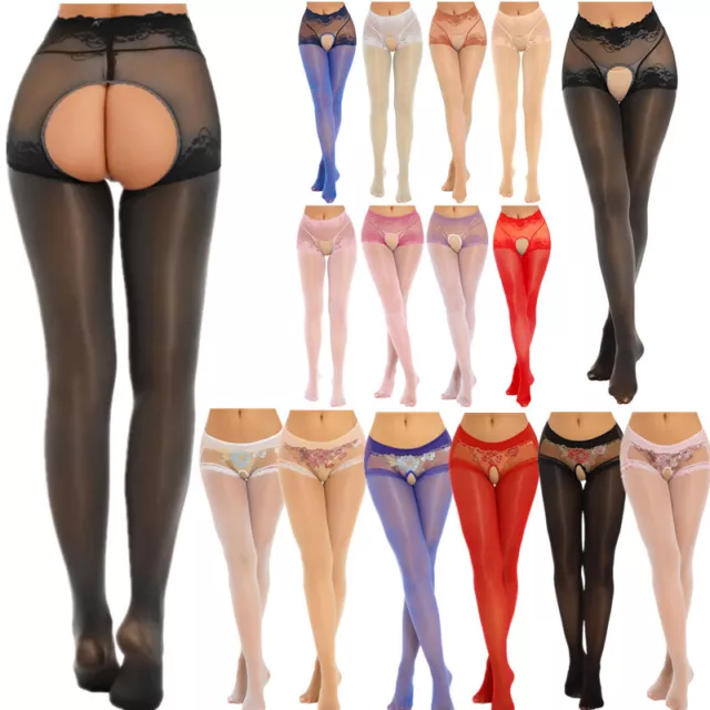 Women's Sexy Ultrathin Shiny Silk Pantyhose Transparent Glossy Lace Trim Tights