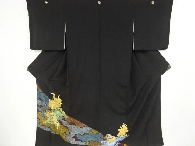 02347# Japanese Kimono / Antique Tomesode / Embroidery / Lion