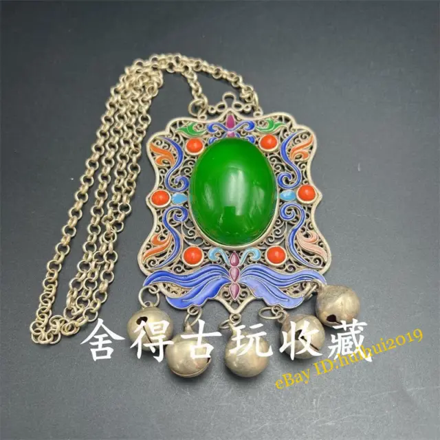 Chinese Old Antique Tibetan Silver Necklace Green Agate Lock Cloisonn É Pendant