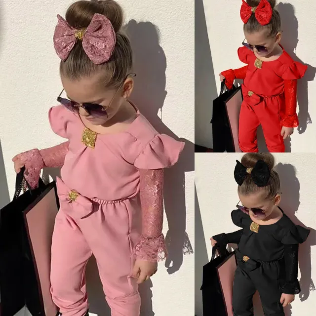 Toddler Baby Kids Girls Lace Flare Sleeve Bow Jumpsuit Romper+Headbands Sets