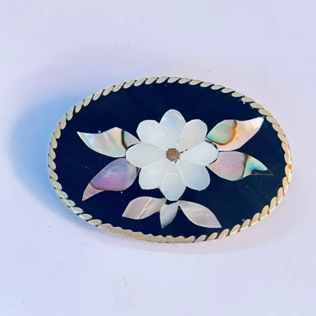 Vintage Alpaca Mexico Abalone & Mother of Pearl Inlay Flower Pendant Brooch Oval