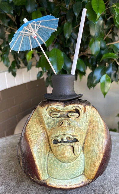 Rare 2010 Munktiki Coconut Monkey Drunk Ceramic Tiki Mug #619 Top Hat Gorilla