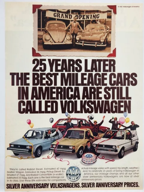 1981 VW Volkswagen Rabbit Diesel Silver Anniv Print Ad Poster Man Cave Art Deco