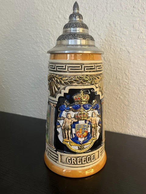 Unique Greece King  beer stein Steel Design Top Stamped Hand painted Beautiful
