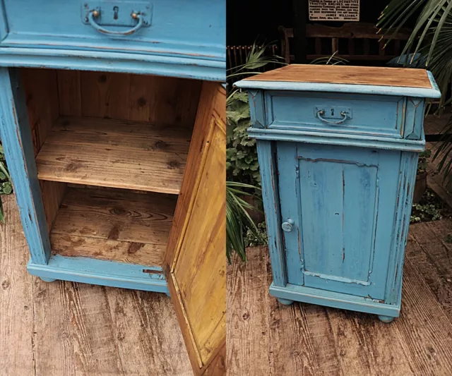 💕 Large Old Victorian Pine & Blue Painted Cupboard/ Cabinet/ Bedside/Lamp Table