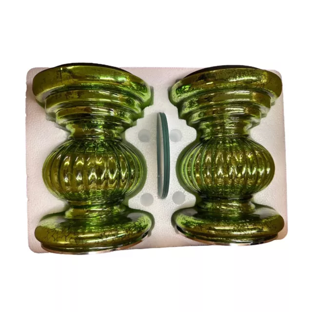 QVC Green Mercury Glass Lit Pillar Candle Holders with Mirror SET OF 2 BRAND NEW 3