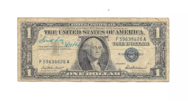 One 1957 Blue Seal $1 Dollar Silver Certificate, VG/VF, Old US One Dollar Bill