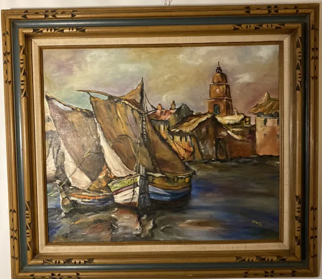 Original Oil on Canvas Panel-Boats & Harbor Scene-Signed-Finely Framed 31” x 28"