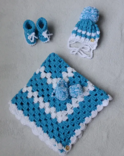 hand crochet baby boys blanket hat and bootee set 0/3 months turqouise /white